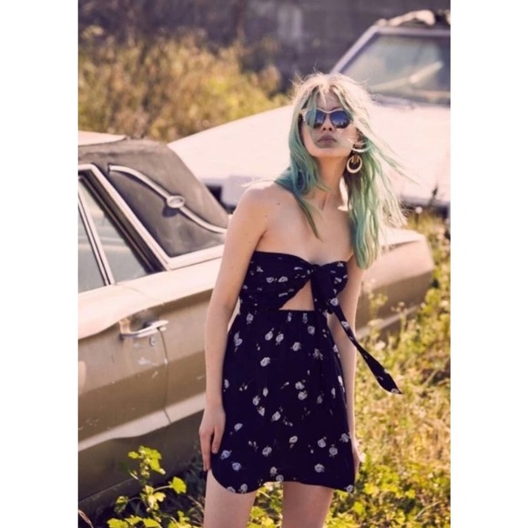 FOR LOVE AND LEMONS Dress Womens Medium Black Strapless Tie Front Floral Print - Picture 3 of 16